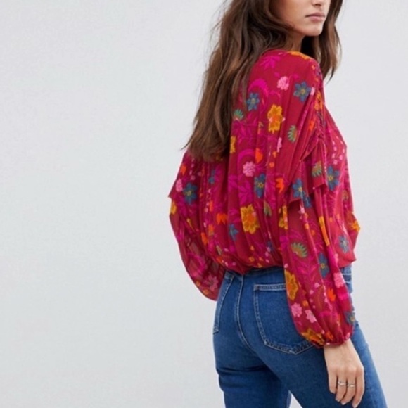 Free People Berry Wildflower Honey Boho Blouse Puffy Sleeves Girly Romantic Top - Picture 4 of 11